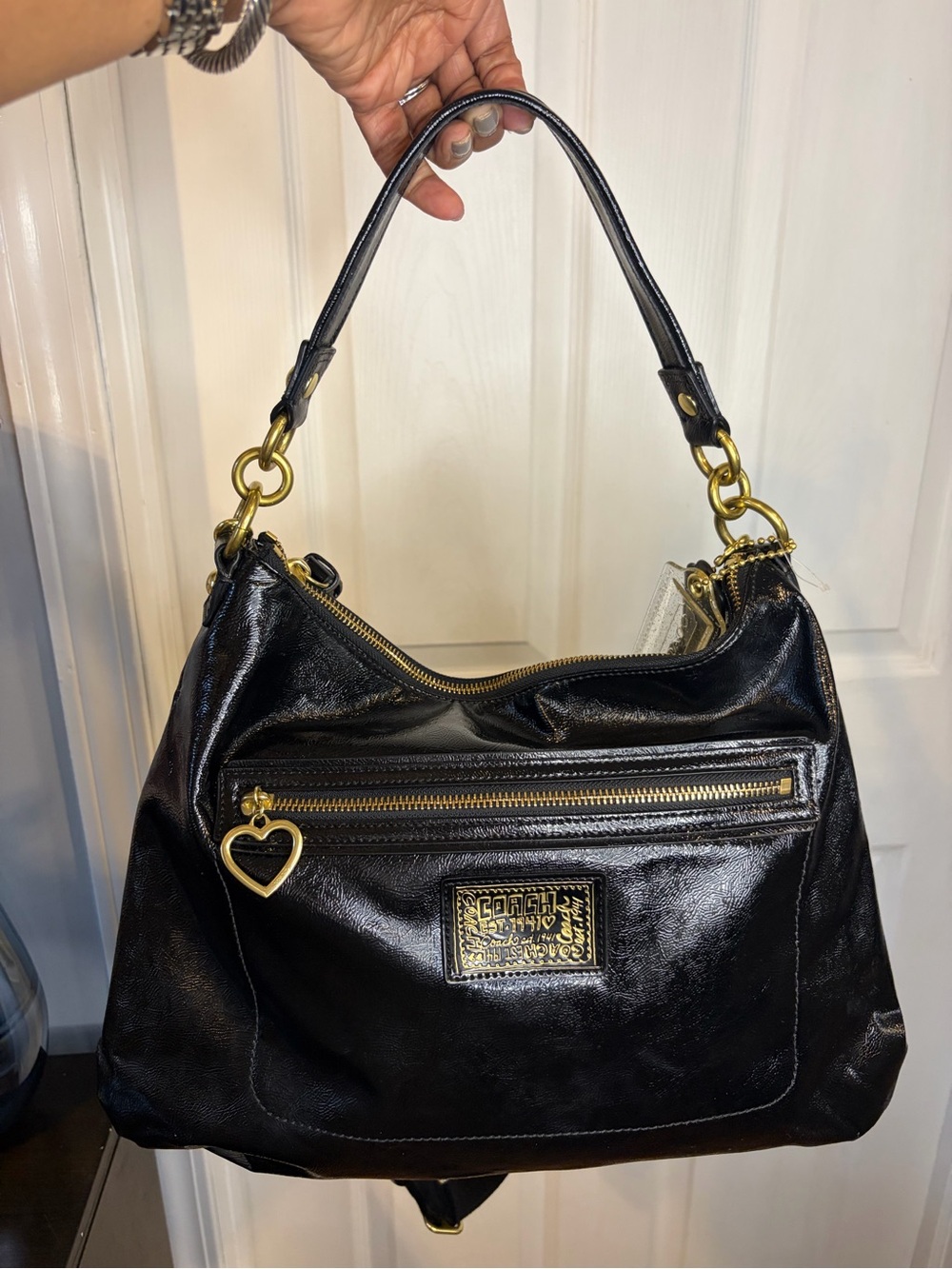 Coach Poppy Daisy Liquid Gloss Black Patent Hobo F20108